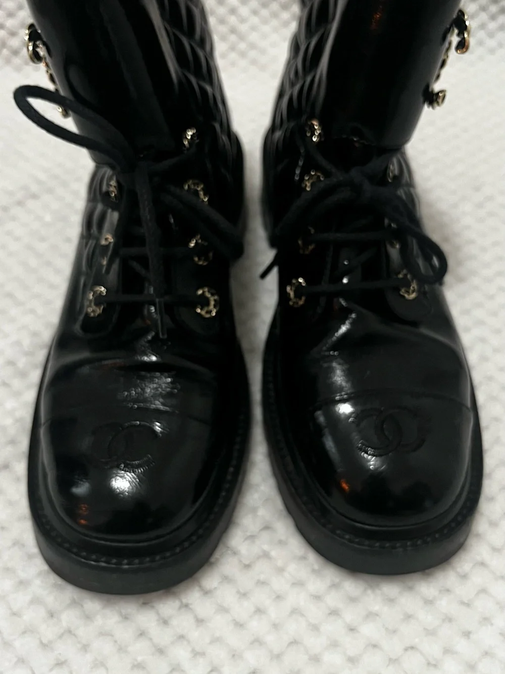 CHANEL Black Quilted Patent Lace-Up Ankle Boots with Gold CC 100% authentic
